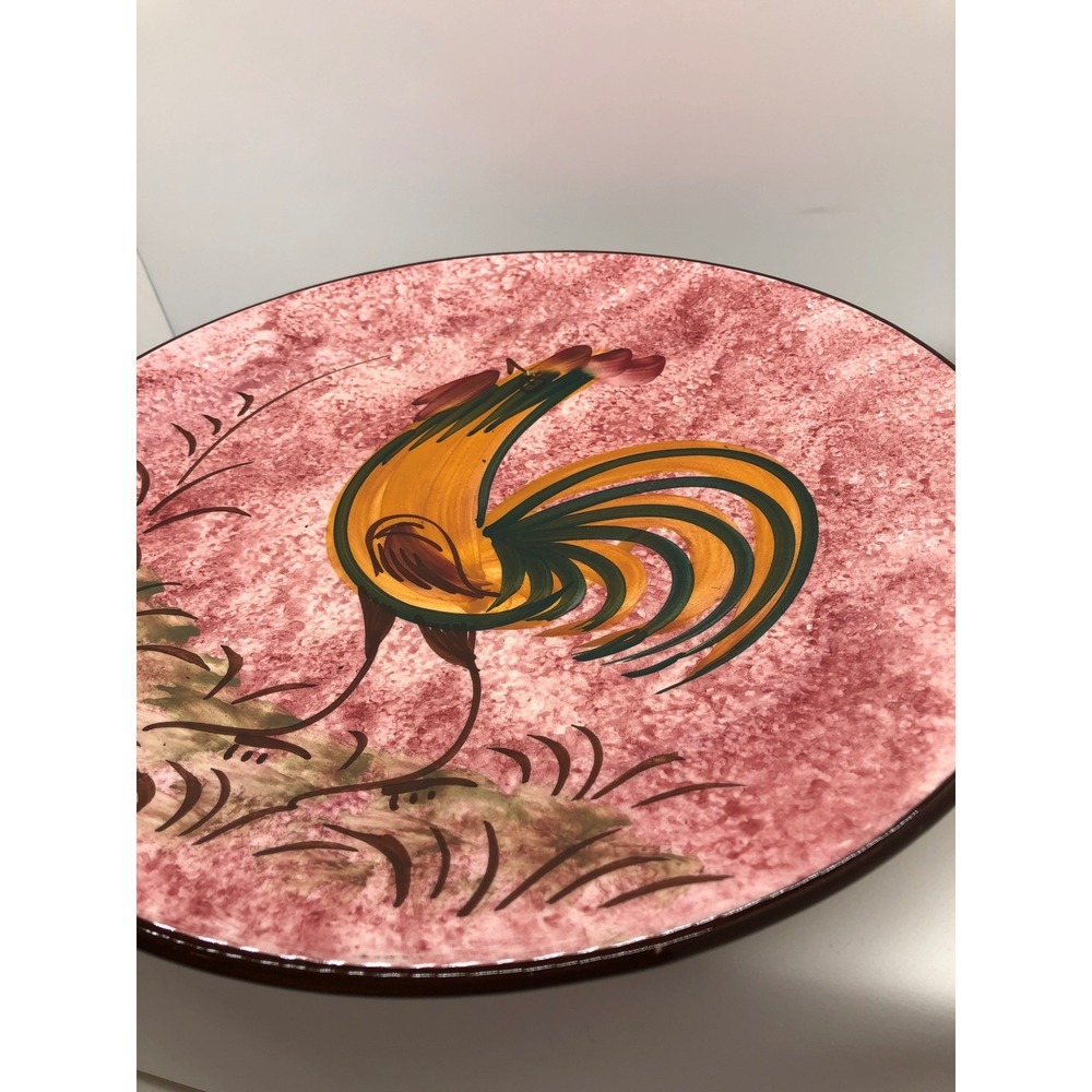 Vintage‎ Hand Painted Rooster Ceramic Charger Plate Pink Sponged Wall Decor